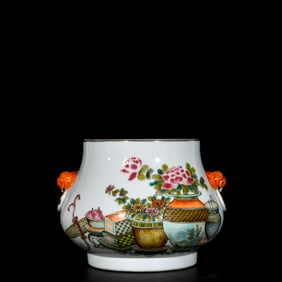 An Exquisite Famille-Rose Painted Gold Flower Pattern Double-Ears Censer,with Poem