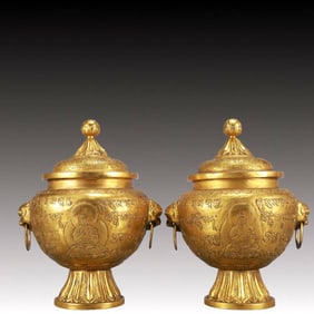 A Pair of Rare Gilt Bronze Buddha Statue Pattern Double-Ears Cover Jars