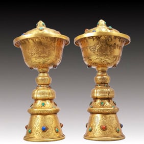 A Pair of Rare Gilt Bronze Buddha Statue Pattern Candlesticks,Inlaid Turquoise