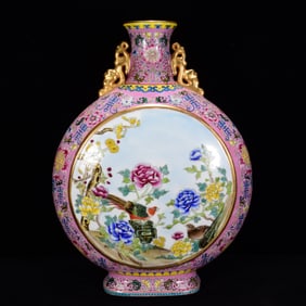 An Exquisite Famille-Rose Flower and Bird Pattern Double-Ears Vase,with Poem