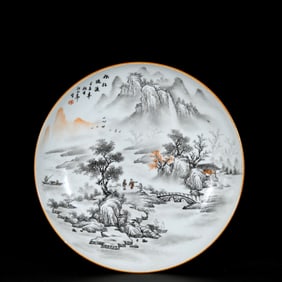 An Exquisite Ink Color Landscape and Figure Pattern Plate,with Poem