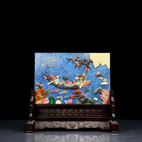 A Rare Lapis Lazuli Inlaid Gems Character and Story Pattern Table Screen,with an Imperial Poem by
