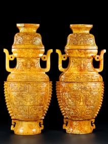 A Pair of Exquisite White Jade Chi-Dragon Pattern Double-Ears Vases