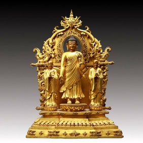 A Solemn Gilt Bronze Statue of Sakyamuni,With Inscription