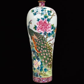 An Exquisite Famille-Rose Ruby Red Glazed Flower and Bird Pattern Vase,with Poem