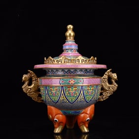 A Rare Enamel Beast-Face Pattern Double-Ears and Tripod Censer