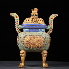 A Rare Gilt Bronze Inlaid Gems Dragon Pattern Double-ears Censer