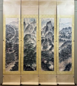 A Set of Chinese Vertical Scroll Ink Painting of Landscape on Paper