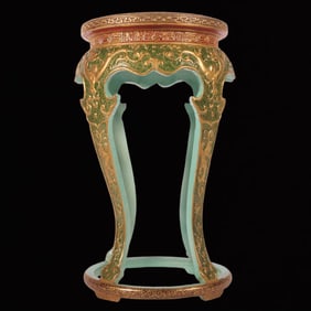 An Exquisite Enamel Green Ground Painted Gold Chi-Dragon Pattern Stool,With an Imperial Poem by