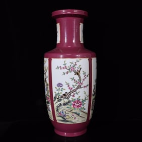 A Huge Ruby Red-Glazed Famille-Rose Flower and Bird Pattern Vase