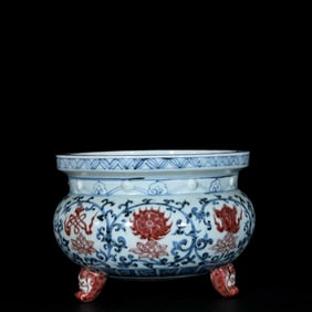 An Exquisite Blue and White Underglaze-Red Eight Treasures Pattern Tripod Censer