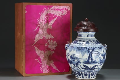 A Huge Blue and White Figure and Story Pattern Beast-Ears Jar with Cover