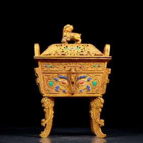 An exquisite gilt bronze inlaid turquoise lion square censer