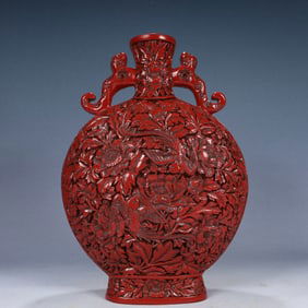A Rare Carved Red Lacquer Flower and Bird Pattern Double-Ears Vase