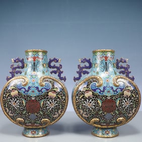 A Pair of Rare Cloisonne Lotus,Bats and Peach Pattern Dragon-Ears Vases