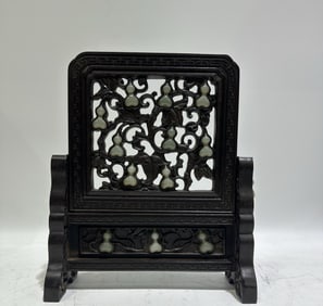 An Exquisite Zitanwood Inlaid White Jade Screen