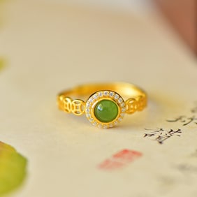 An Exquisite Sterling Silver-Gold Plated Inlaid Jasper Ring,Inlaid Diamond