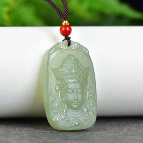An Exquisite Greenish Jade Statue of Avalokitesvara Pendant