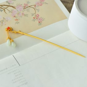 An Exquisite Sterling Silver-Gold Plated Inlaid White Jade Hairpin