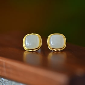 A Pair of Exquisite Sterling Silver-Gold Plated Inlaid White Jade Earrings