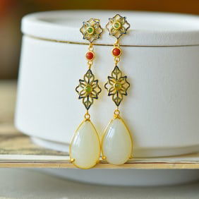 A Pair of Exquisite Sterling Silver-Gold Plated Inlaid White Jade Earrings