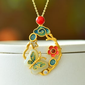An Exquisite Sterling Silver-Gold Plated Inlaid White Jade Pendant