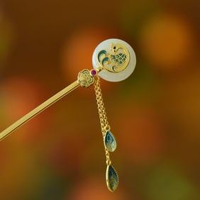 An Exquisite Sterling Silver-Gold Plated Inlaid White Jade Hairpin
