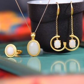 A Set of Fine Sterling Silver-Gold Plated Inlaid White Jade Jewelrys