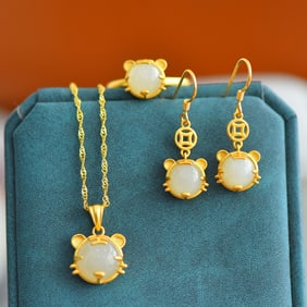 A Set of Fine Sterling Silver-Gold Plated Inlaid White Jade Jewelrys