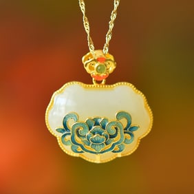 An Exquisite Sterling Silver-Gold Plated Inlaid White Jade Pendant