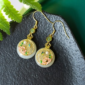A Pair of Exquisite  Sterling Silver-Gold Plated Inlaid White Jade Enamel Earrings