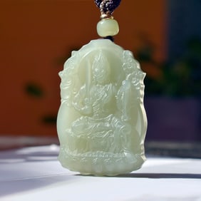 An Exquisite Greenish Jade Statue of Bodhisattva Pendant