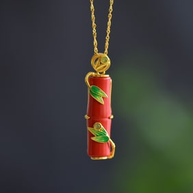 An Exquisite Sterling Silver-Gold Plated Inlaid Cinnabar Pendant