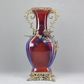 An Exquisite Flambe Glazed Inlaid Bronze Flower and Bird Pattern Double-Ears Vase