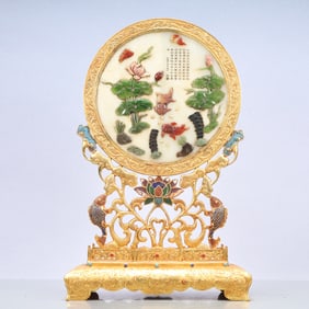 A Exquisite Gilt Bronze Inlaid White Jade Fish and Lotus Pattern with poem Screen