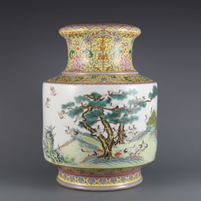 An Exquisite Famille-Rose Bats and Peach Pattern Lotus Pattern Pine and Crane Pattern Vase