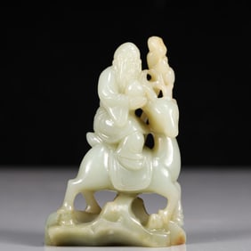 A Exquisite White Jade Figure Riding Deer Ornament