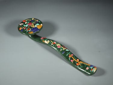 An Exquisite Jasper Inlaid Gems Flower Pattern Ruyi