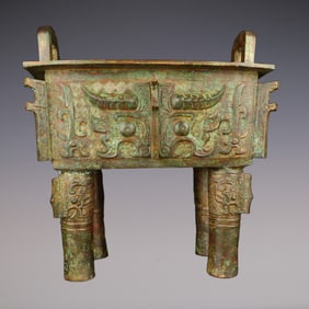 An Exquisite Bronze Beast-Face Pattern Double-Ears Censer