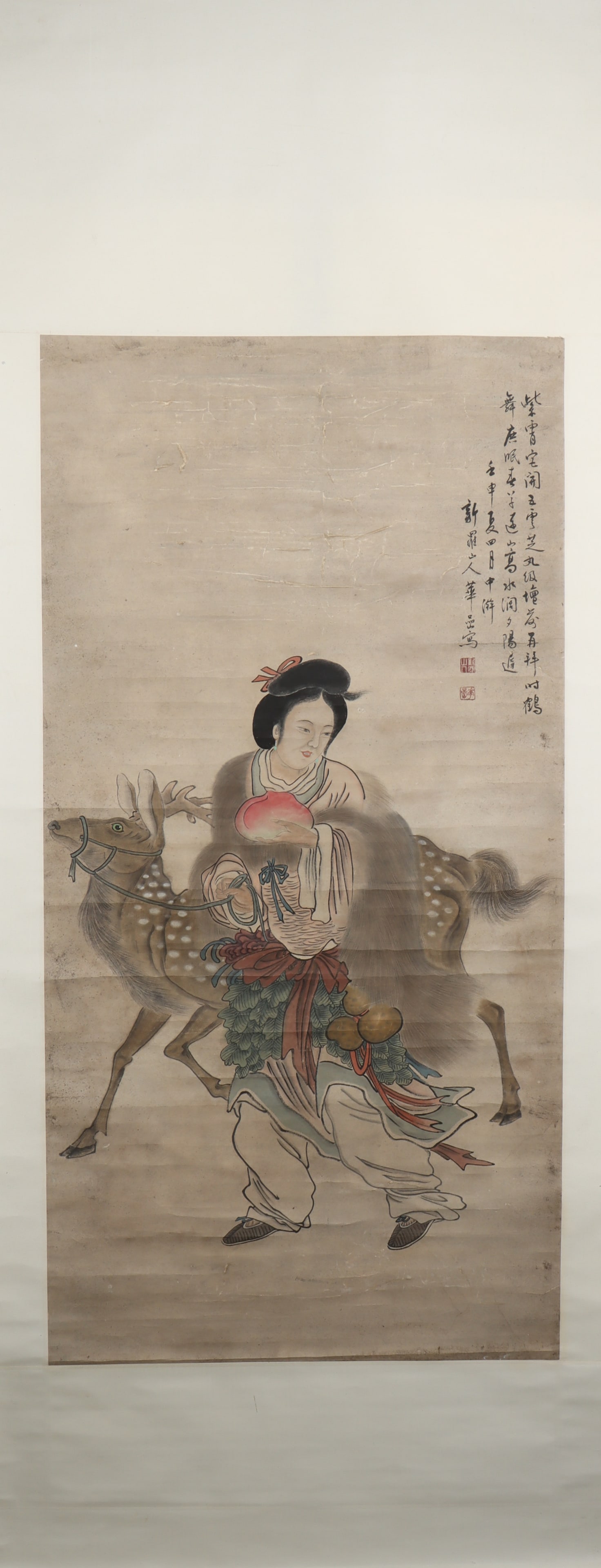 A Chinese Vertical Scroll Ink Painting of Character and Story on Paper: A Chinese Vertical Scroll Ink Painting of Character and Story on Paper Hua yan Size:53.5inx27.2in华喦人物 纸本立轴Size:136cmx69cm