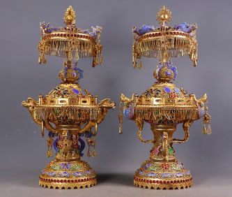 A Pair of Exquisite Gilt Bronze Inlaid Gems Dragon and Phoenix Pattern Double-Ears Censer