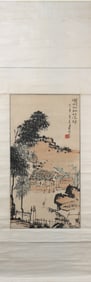 A Chinese Vertical Scroll Ink Painting of Landscape on Paper
