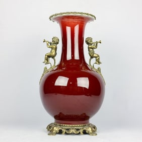 An Exquisite Iron-Red Inlaid Bronze Double-Ears Vase