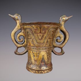 An Exquisite Bronze Inlaid Gold With Inscription Double-Ears Cup