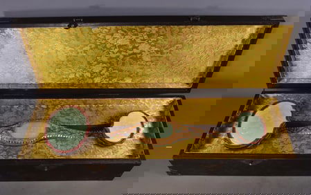 An Exquisite White Jade Cover with Gold Character and Story Pattern with poem Ruyi