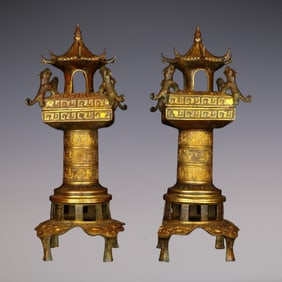 A Pair of Exquisite Bronze Inlaid Gold With Inscription Palace Lantern