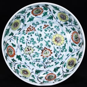 An Exquisite Wucai Blue and White Lotus Pattern Plate