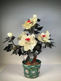 An Exquisite Cloisonne Inlaid White Jade Bonsai