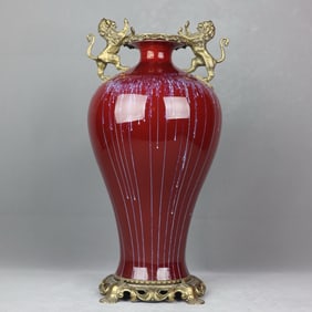 An Exquisite Flambe Glazed Inlaid Bronze Double-Ears Vase