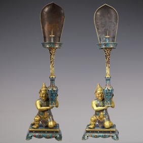A Exquisite A pair of Cloisonne Lotus Pattern Figures-Form Candlestick